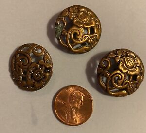 Antique Brass Button Set 3 Pierced Openwork Nouveau Floral 23mm Loop Shank 7 8 