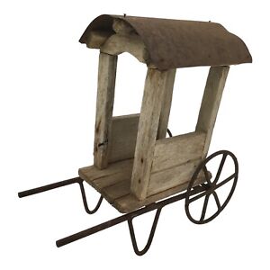 Antique Folk Art Handmade Wooden Metal Tin Toy Cart