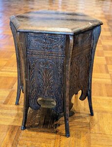 Antique Carved Oak Octagon End Side Table 18 5 High