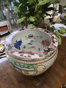 Vintage Chinese Famille Rose Porcelain Fish Bird Bowl 12 Wide X 10 High