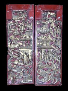 Pair Antique Chinese Hand Carved Gold Gilded Red Lacquer Pair Of Wood Panel
