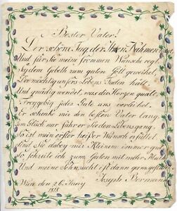 Antique 1818 Handwritten Folk Art Poem Manuscript Botanical Watercolor Painting