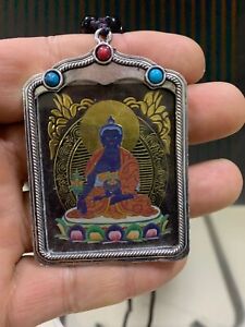 Tibetan Tibet Silver Sakyamuni Medicine Buddha Statue Tangka Shrines Pendant
