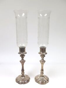 Antique 1859 Elkington Mason Co Silverplate Glass Candle Hurricane Lamps