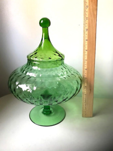 Vintage Green Pedestal Apothecary Jar With Lid 2 Tone Green 11 Tall