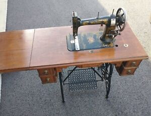 Antique White Rotary Treadle Sewing Machine In Original Wood Cabinet