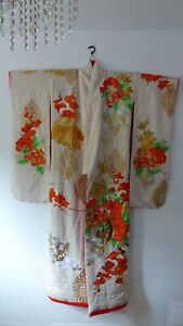 Japanese Uchikake Bridal Kimono Gold Silk Embroidered Flowers Traditional Batik