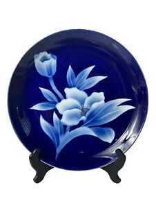 Japanese Fukagawa 12 25 Platter Bowl Cobalt Blue White Floral Gold Border Vtg