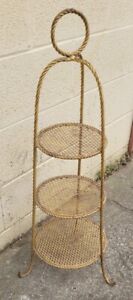 1950s Italian Gold Gilt Tole Rope 3 Tier Etagere Stand Mcm Hollywood Regency