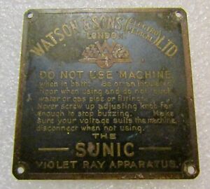 Sunic Violet Ray Apparatus Vintage Brass Sign Plaque Watson Sons Electro