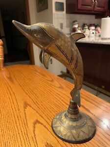 Brass Dolphin Statue On Base With Equisite Etching