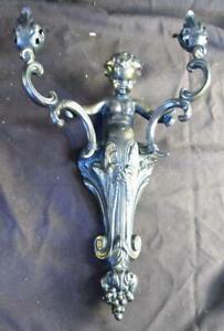 Old Vintage Cherub Putti Metal Figural Wall 2 Arm Spelter Candle Sconce Light B