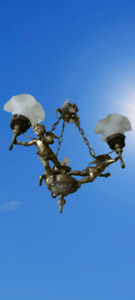 Antieque French Spelter Bronze Putti Cherub Angel Figurine Chandelier 3 Arm