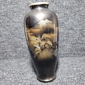 Vintage Signed Japanese Mixed Metals Bronze Vase Etched Mt Fuji Pagoda 8 Tall