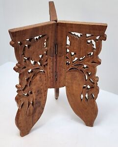 Vintage Detailed Hand Carved Wood 3 Leg Folding Stand India Scroll Work Hinged