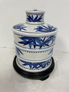 7 5 Old China Kangxi Marked Blue Wh Porcelain Bamboo Tea Caddy Tank Pot W Base