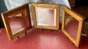 Antique Golden Oak Tri Fold Beveled Glass Shaving Vanity Travel Mirror Footed