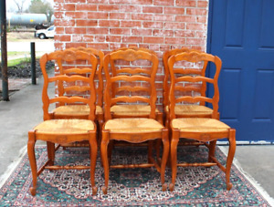 Set Of 6 French Louis Xv Antique Oak Rush Seat Dining Chairs