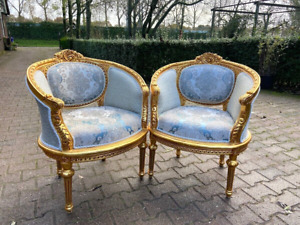 Vintage Pair Of French Corbeille Chairs 1940 Exquisite Damask Upholstery