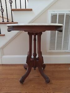 Antique Victorian Wood Oval Marble Top Parlor Side Table W Metal Wheels