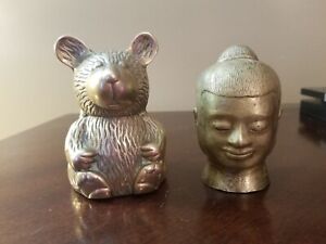 Brass Bear And Brass Buddha Head Bust