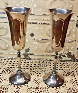 Vintage 2 Piece Silver Plate Thin Stemmed Wine Water Goblets Silver Flutes