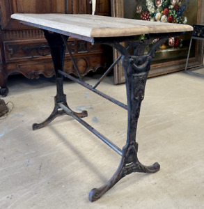 Antique French Art Deco Bistro Table W Cast Iron Base Natural White Oak Top
