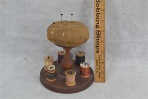 Antique Pin Cushion Thread Stand Wooden 1800s With Spools 6 In Tall Original
