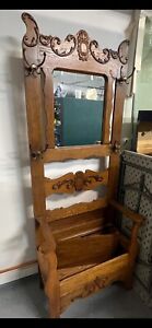 Antique Vintage Hall Tree Solid Wood With Mirror Hooks And Storage Bench