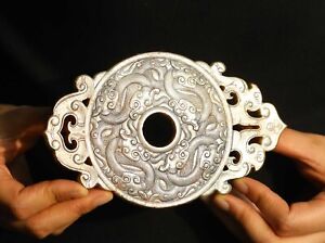 China Old Natural Jade Hand Carved Statue Dragon Phoenix Plate Bi Pendant 6 4 In