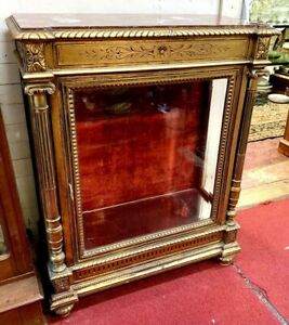 Antique French Gold Gilt Marble Top Vitrine Glass Door And Sides Display Shelves