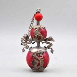 Chinese Tibetan Silver Dragon And Phoenix Red Jade Snuff Bottle