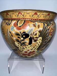 Chinese Vintage Ceramic Fish Bowl Satsuma Style Hand Painted Planter Bowl 5 H