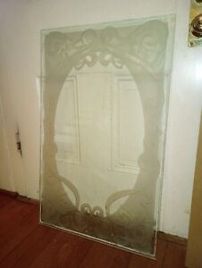 Pair Of Large Vintage Etched Glass Door Window Panel Lace Ribbon 22 X35 