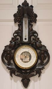 Antique 19th C Hand Carved Black Forest Germany Wall Barometer Thermometer 23 