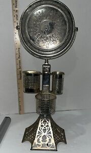 Victorian Silverplate Shaving Stand Mirror Tower Cup Holder