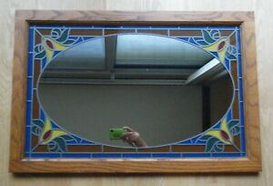 Vtg Stained Glass Wood Oak Frame Wall Mirror Yellow Lilly 27x17