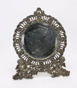 Cast Metal Worn Silver Plate Victorian Beveled Vtg Glass Mirror Cupid Musicians
