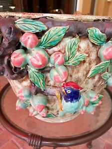 Vintage Chinese Glazed Ceramic Pot Planter With Sculpted Bird Fruits 12x12 