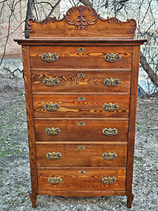 Antique Victorian Ornate Oak Tall Chest Dresser With 6 Drawers Rare Beautiful 