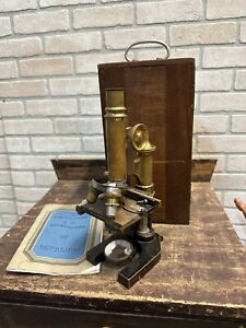 Antique Ernest Leitz Wetzlar Brass Microscope W Wooden Case Lenses Germany
