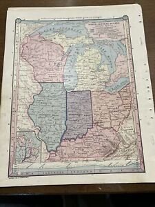 Antique Multicolor 1885 Map Michigan Wisconsin Illinois Ohio Kentucky Indiana