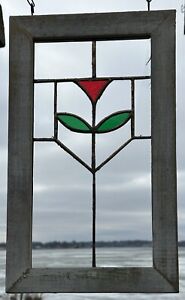 Mission Style Framed Stained Glass Window Red Green Flower Design