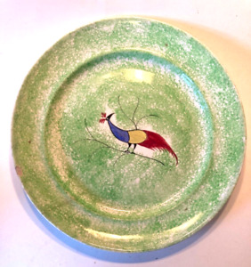 Great Green Spatterware Peafowl Plate 8 Good Condition