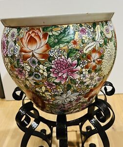 Large Vintage Chinese Porcelainfish Bowl Gold Pink Florals Stand Not Included