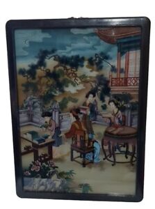 19th Century Chinese Reverse Painting On Glass Guisha Girls On Garden Balcony