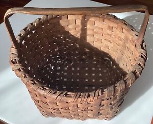 Antique Splint Woven Gathering Basket Bentwood Handle 15 Wide