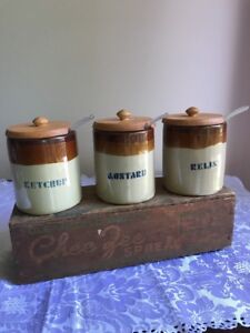 Primitive Crock Condiment Relish Set W Chee Zee Spread Wooden Cheese Box Holder