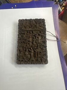 Antique Chinese Cantonese Intricate Carved Wood Oriental Figures Card Case