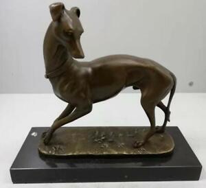 Bronze Greyhound Whippet Dog Solid Marble Base Signed Barye